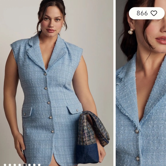 Anthropologie Maeve Sleeveless Tweed Blazer Mini Dress Light Blue NWT Size 10 - Picture 3 of 9